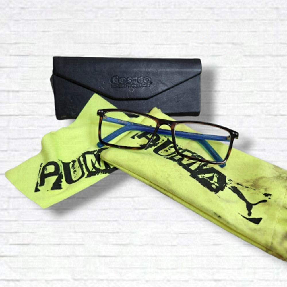 Puma Brown and Blue Men's Prescription Eyeglass Frames with Carrying Cases